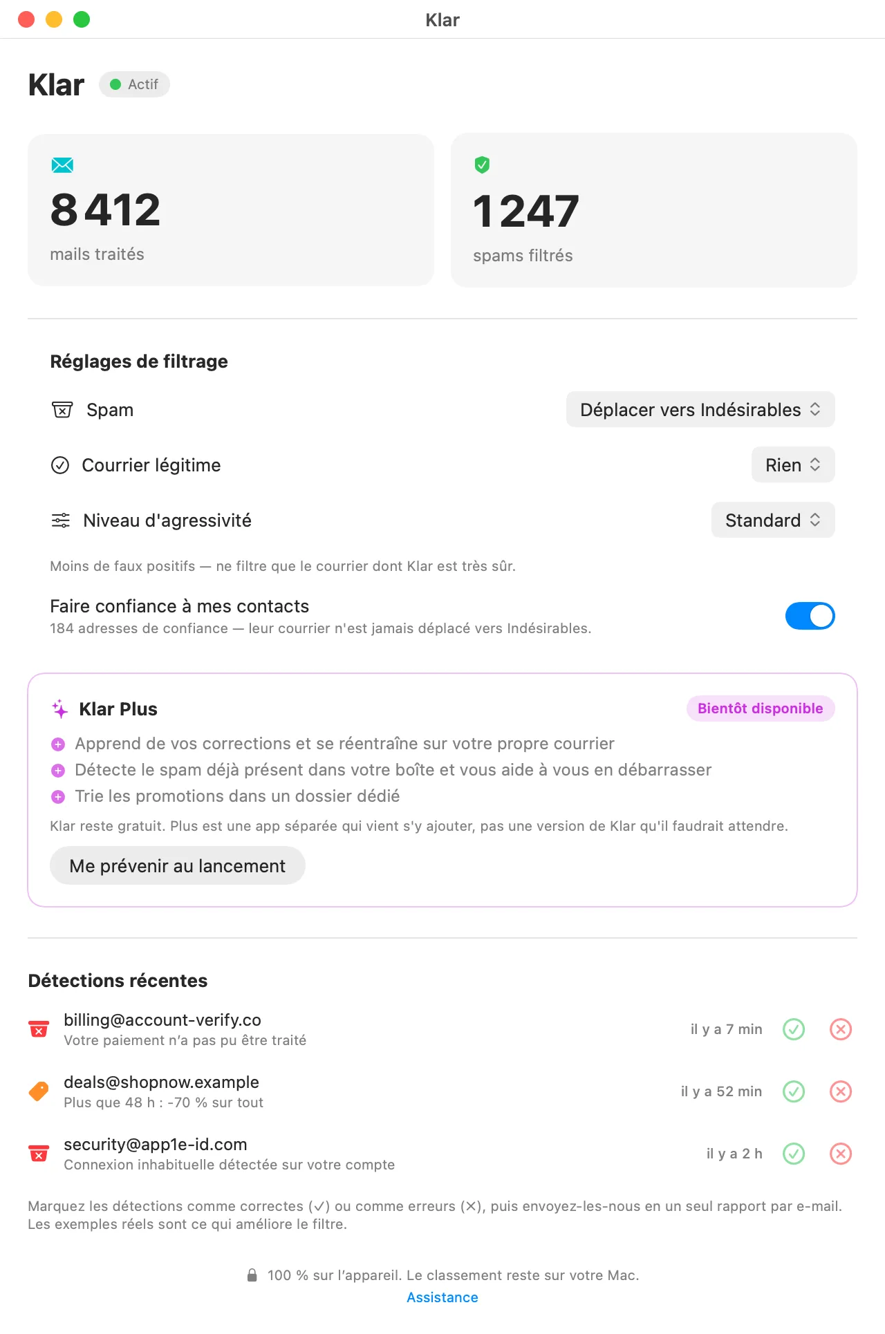 Klar's dashboard showing active on-device inbox protection