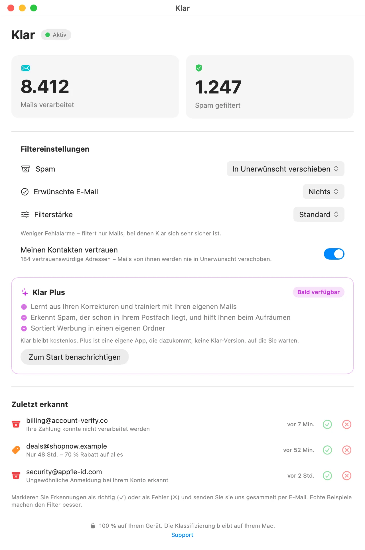 Klar's dashboard showing active on-device inbox protection