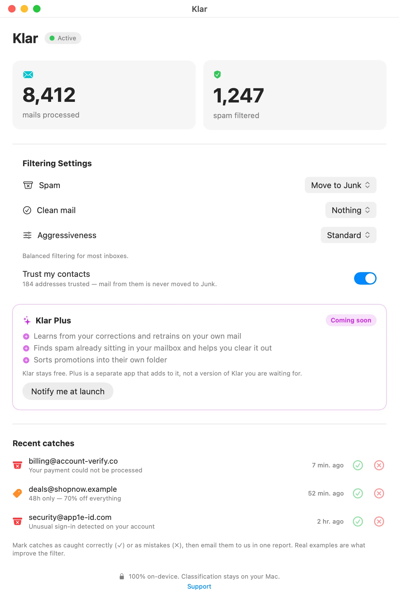 Klar's dashboard showing active on-device inbox protection