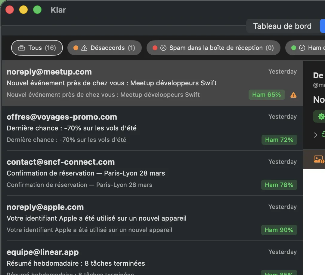 La vue Classements de Klar Plus : chaque e-mail avec son verdict et son niveau de confiance