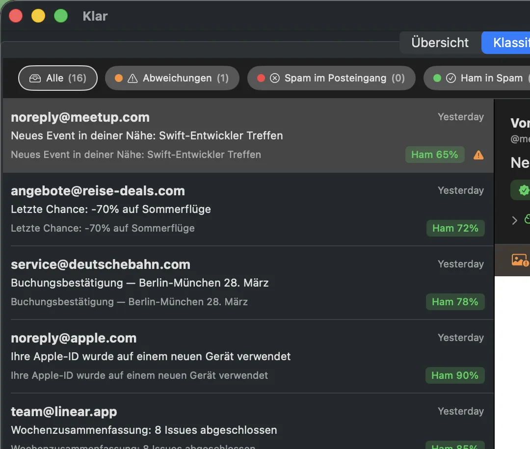 Die Klar-Plus-Ansicht der Einstufungen: jede E-Mail mit Urteil und Konfidenz