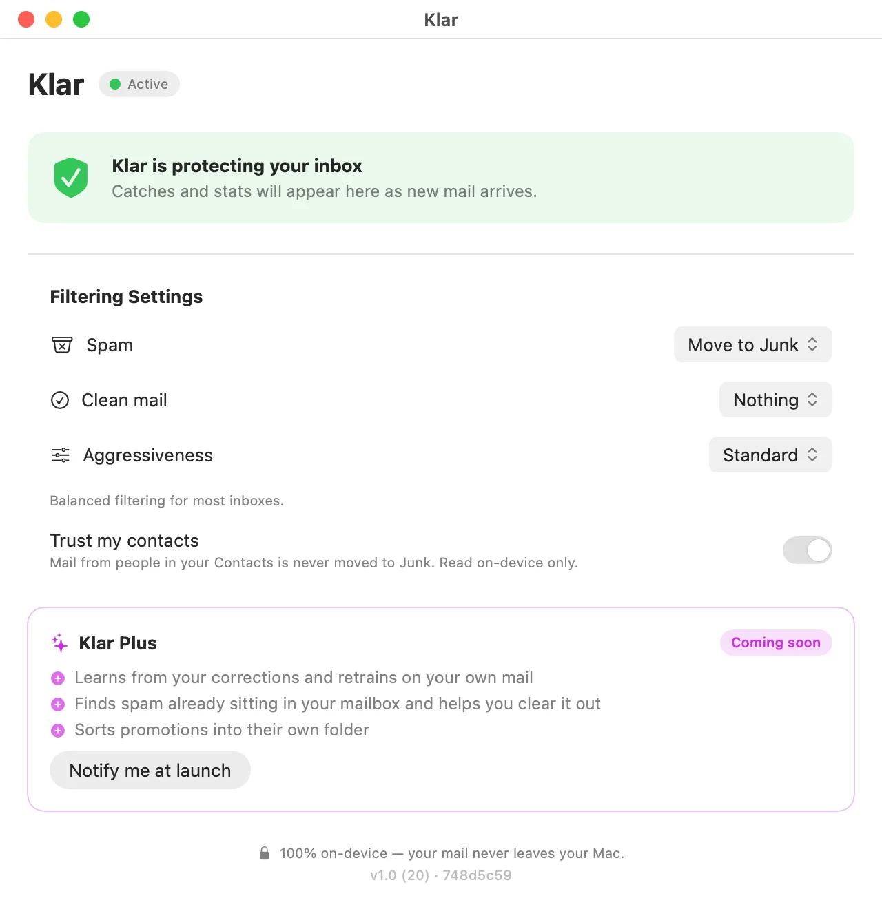 Klar's dashboard showing active on-device inbox protection
