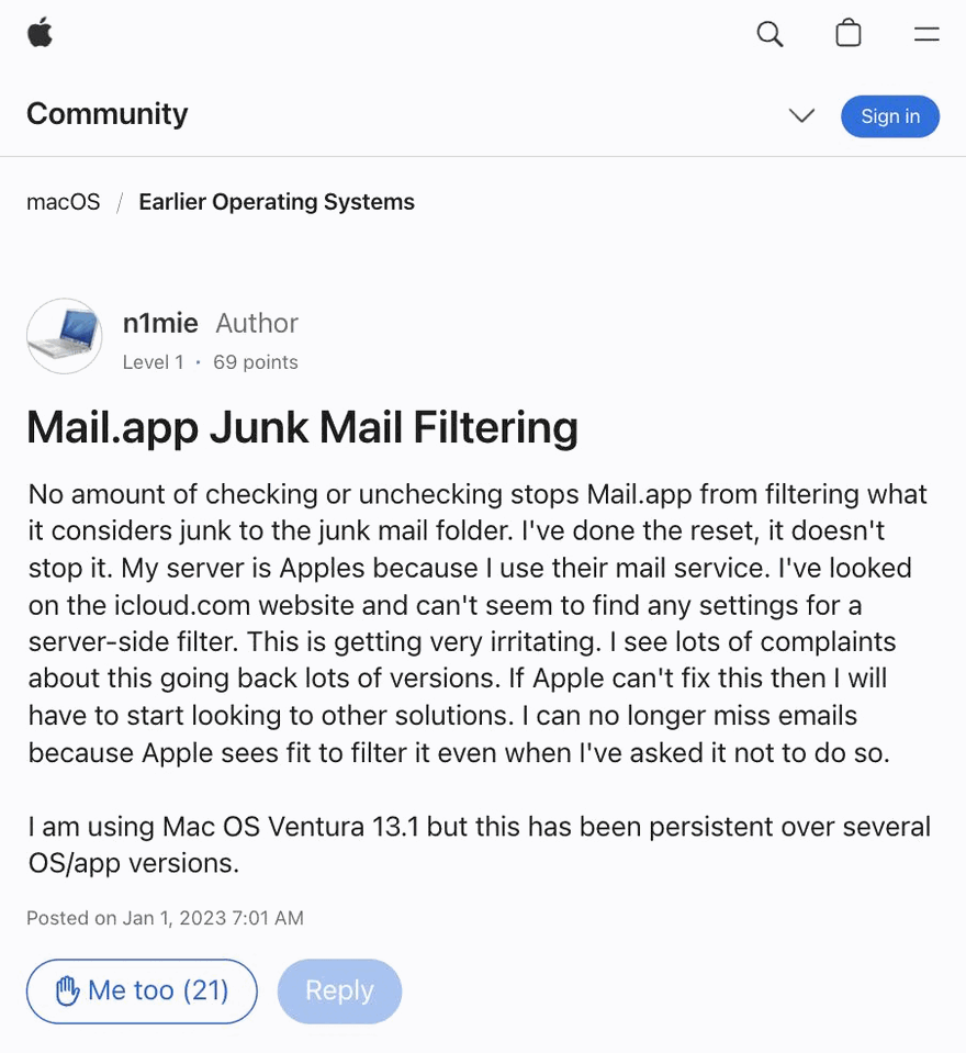 Ein Thread im Apple Support-Forum mit dem Titel „Mail.app Junk Mail Filtering“ vom 1. Januar 2023 unter macOS Ventura 13.1 und einer Schaltfläche „Me too (21)“.
