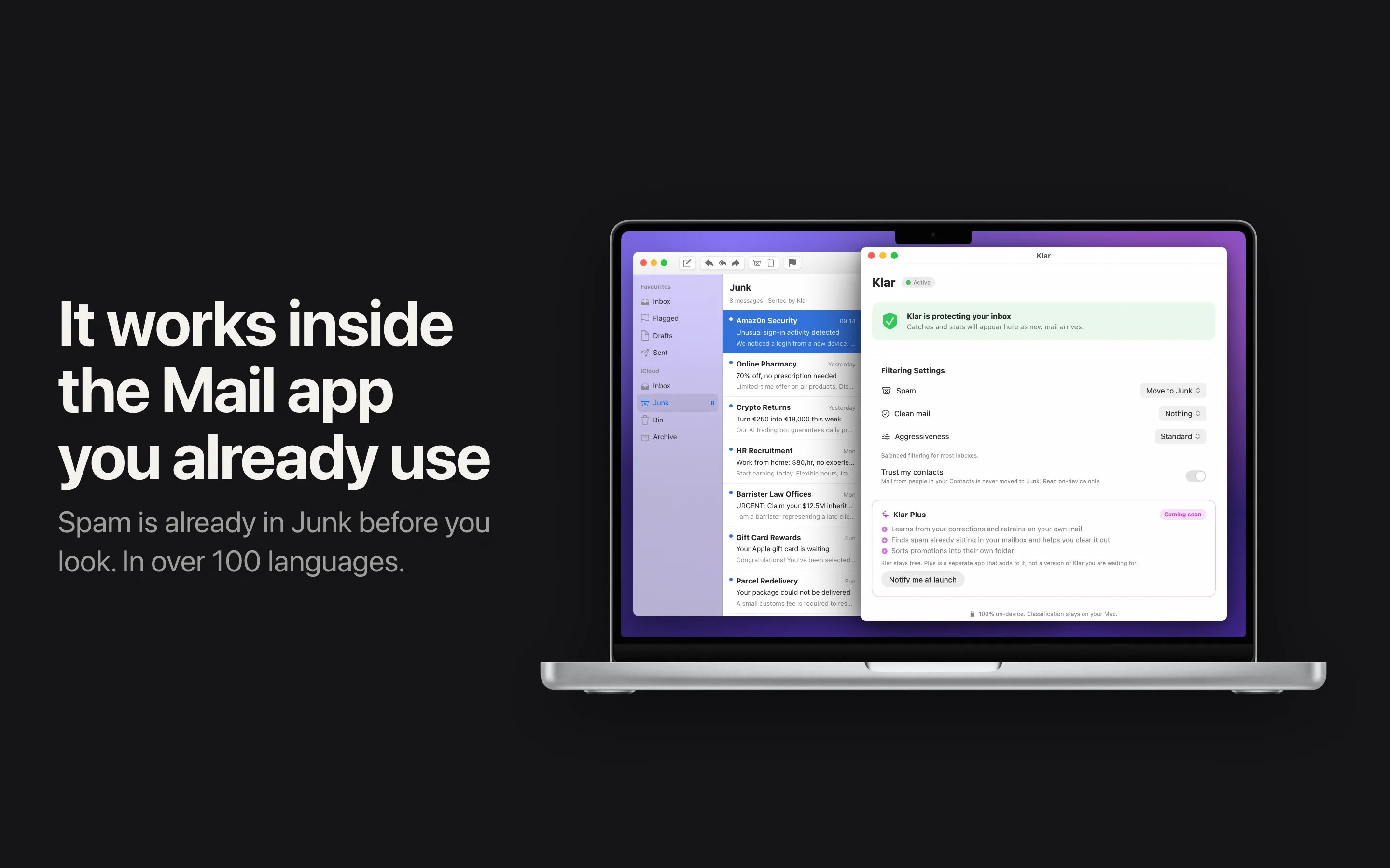App Store panel: Klar filtering inside the Apple Mail app on a MacBook