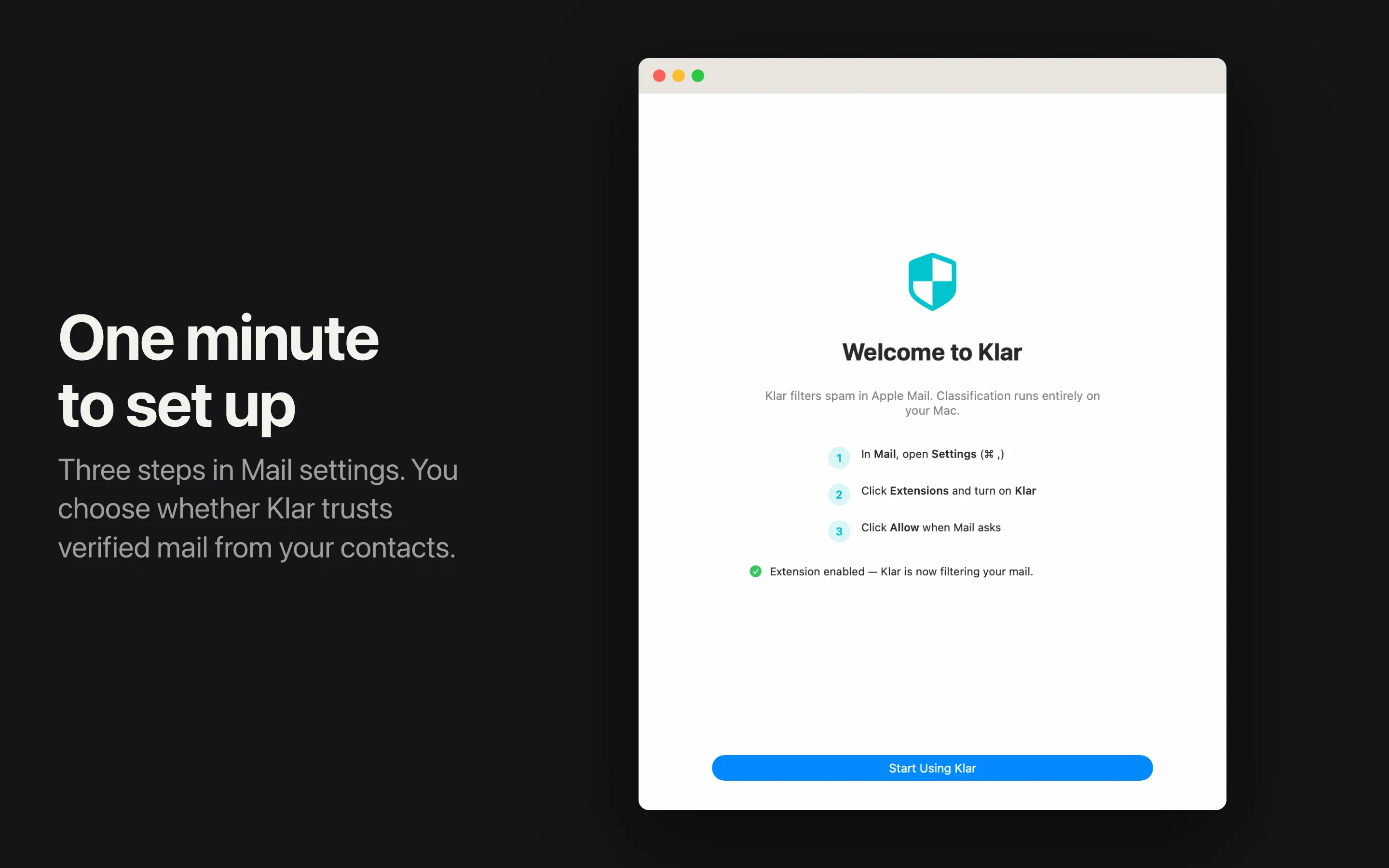App Store panel: one minute to set up, three steps in Mail settings