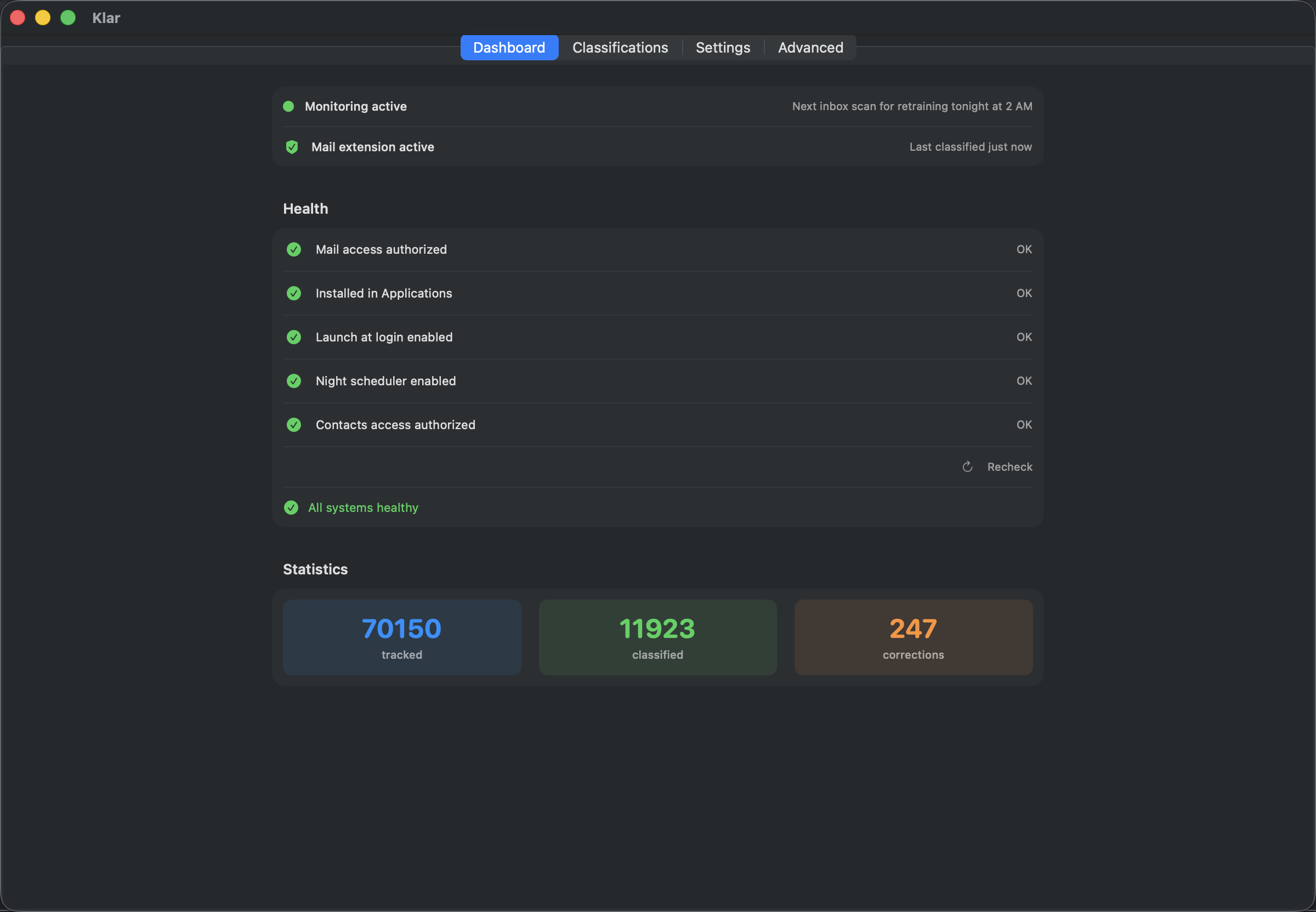 Klar Plus dashboard