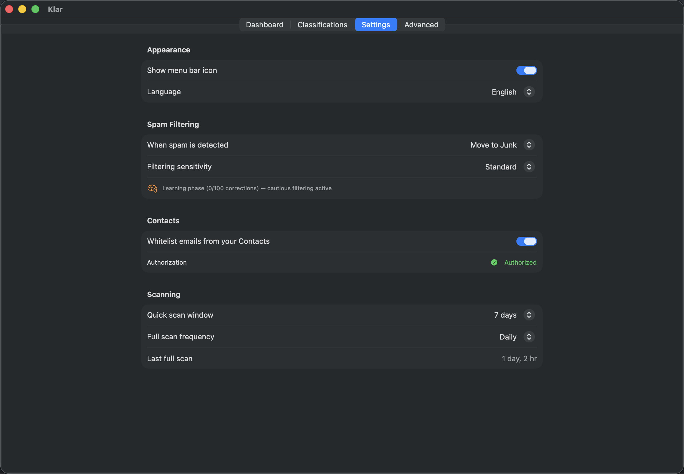 Klar Plus settings